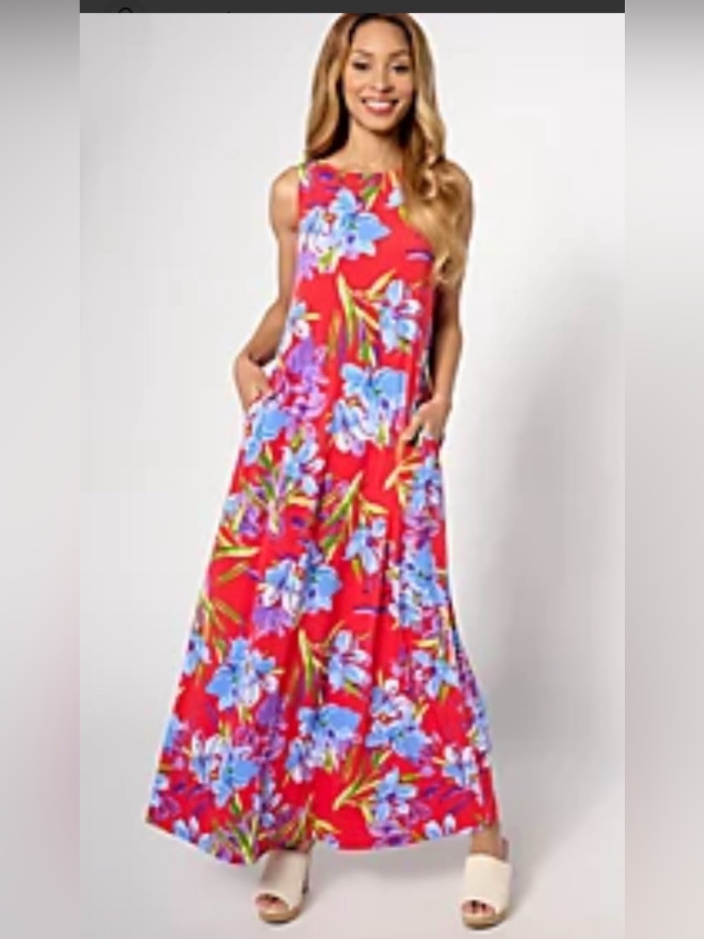 “Susan Graver NWOT Liquid Knit Floral Maxi Dress Pockets Red Blue MP Medium Peti